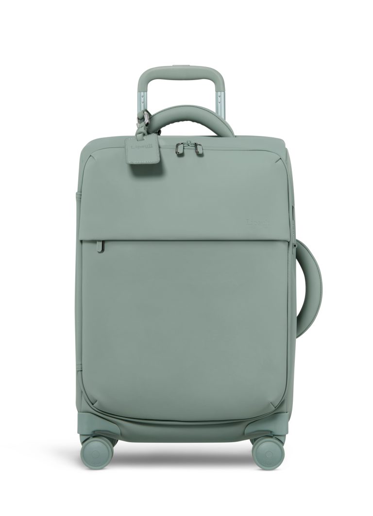 Valise verte avec roulettes et poignée