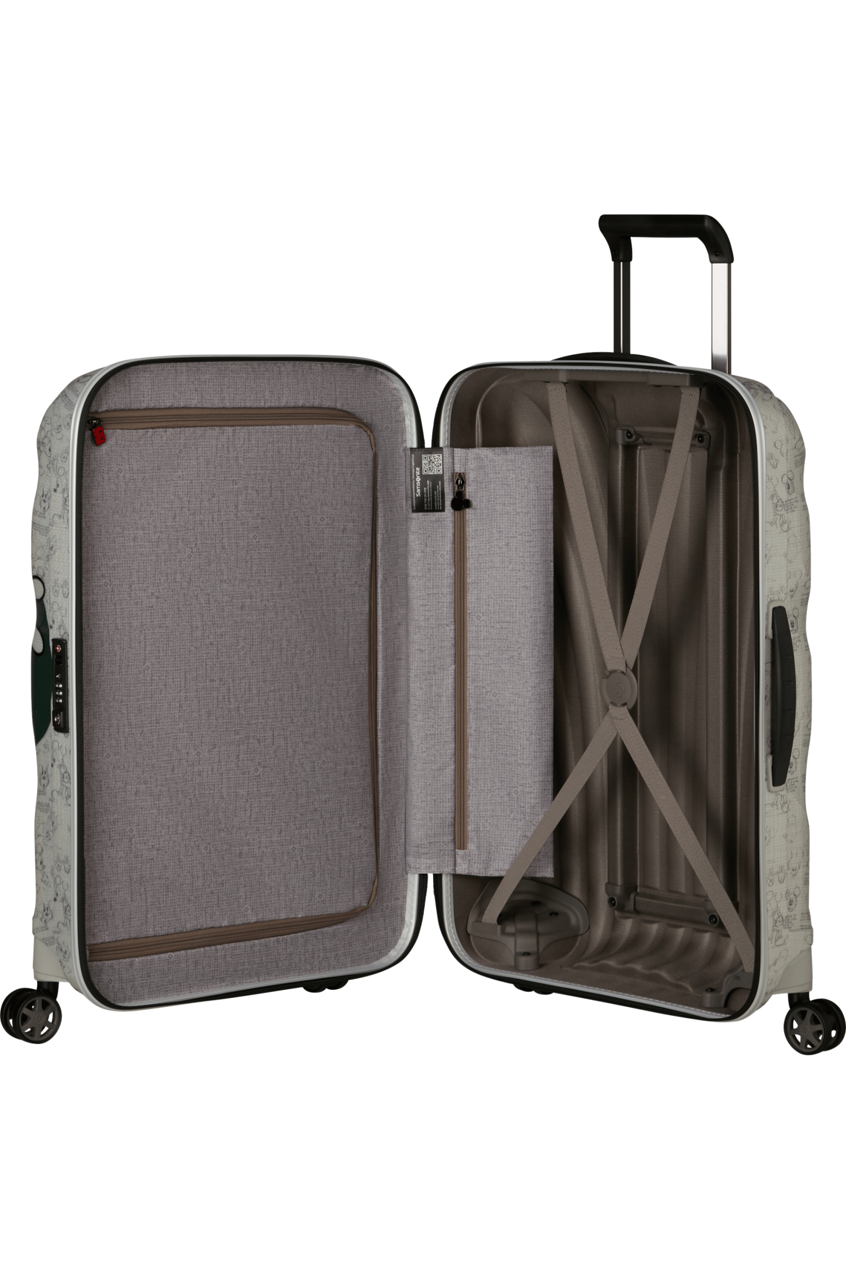 Valise ouverte avec compartiments intérieurs.